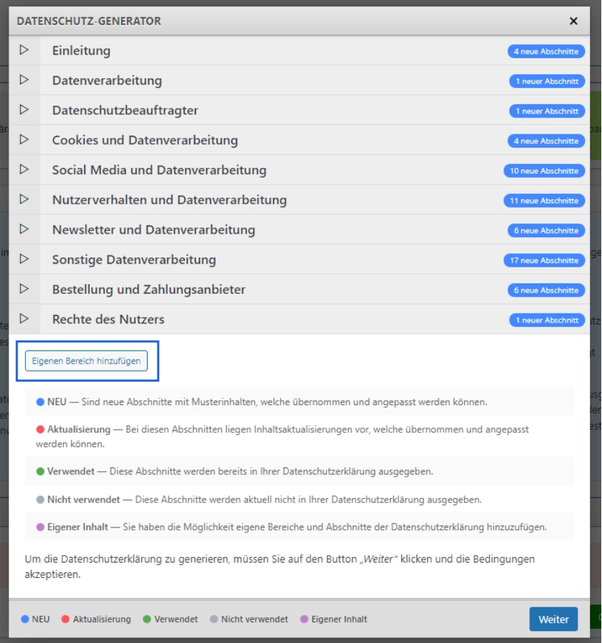 Datenschutz-Generator - Eigenern Bereich hinzufügen