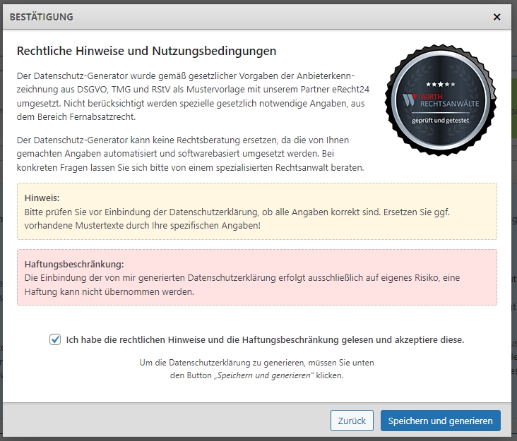 Datenschutz-Generator Bestätigung