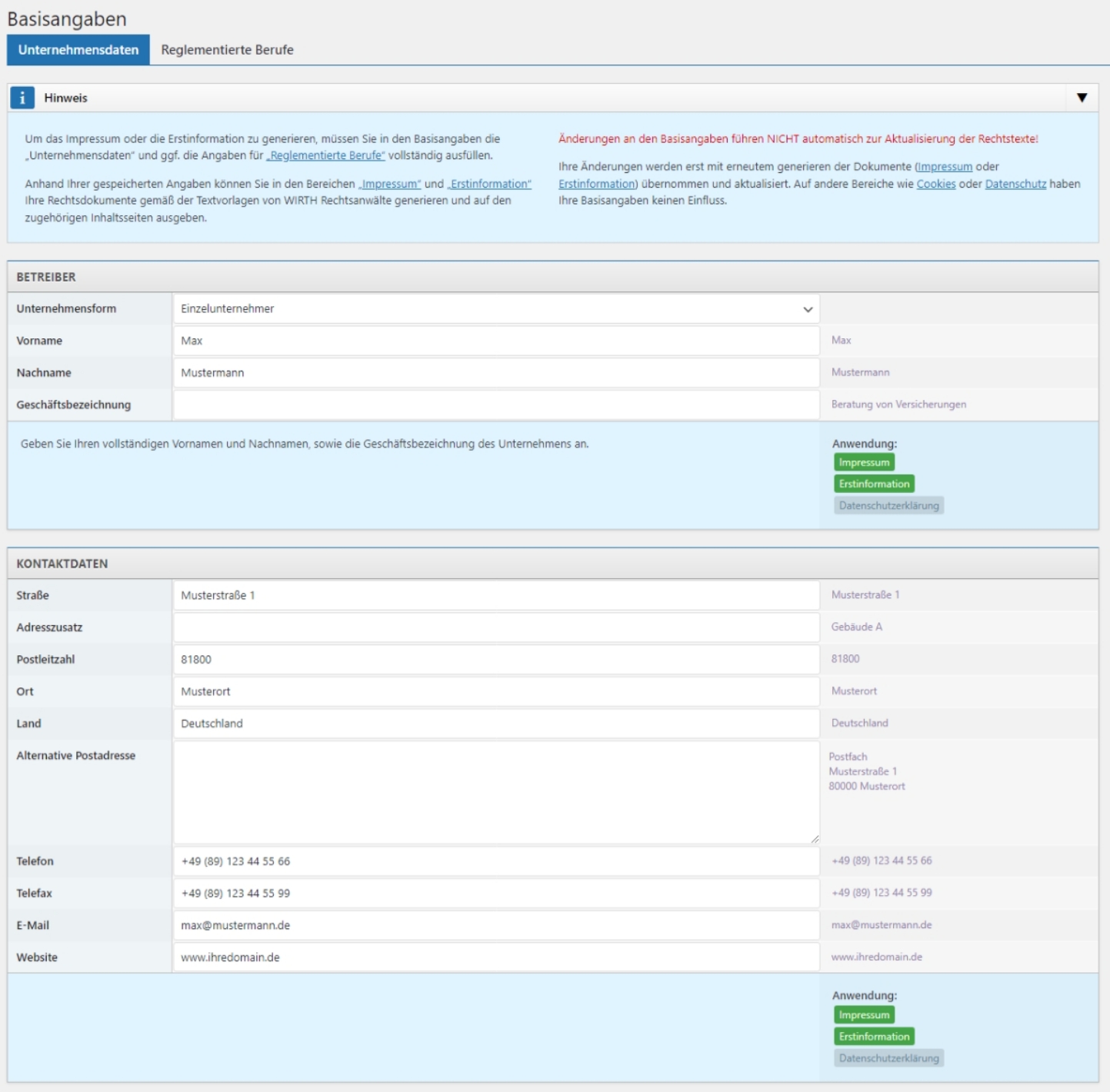 Basisangaben - Unternehmensdaten