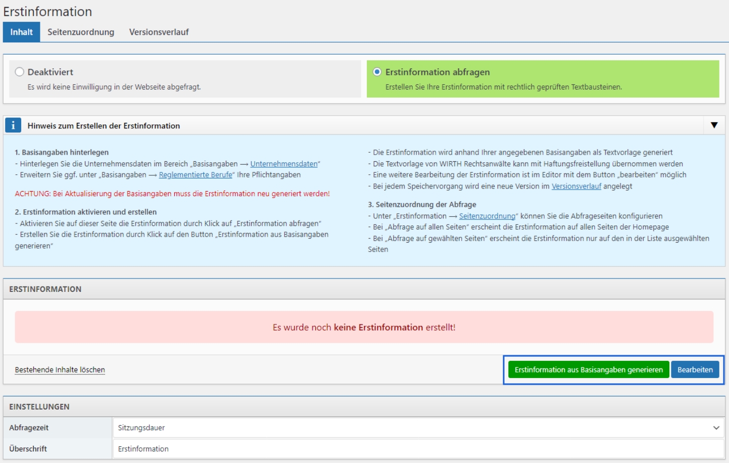 Erstinformation - Inhalt generieren