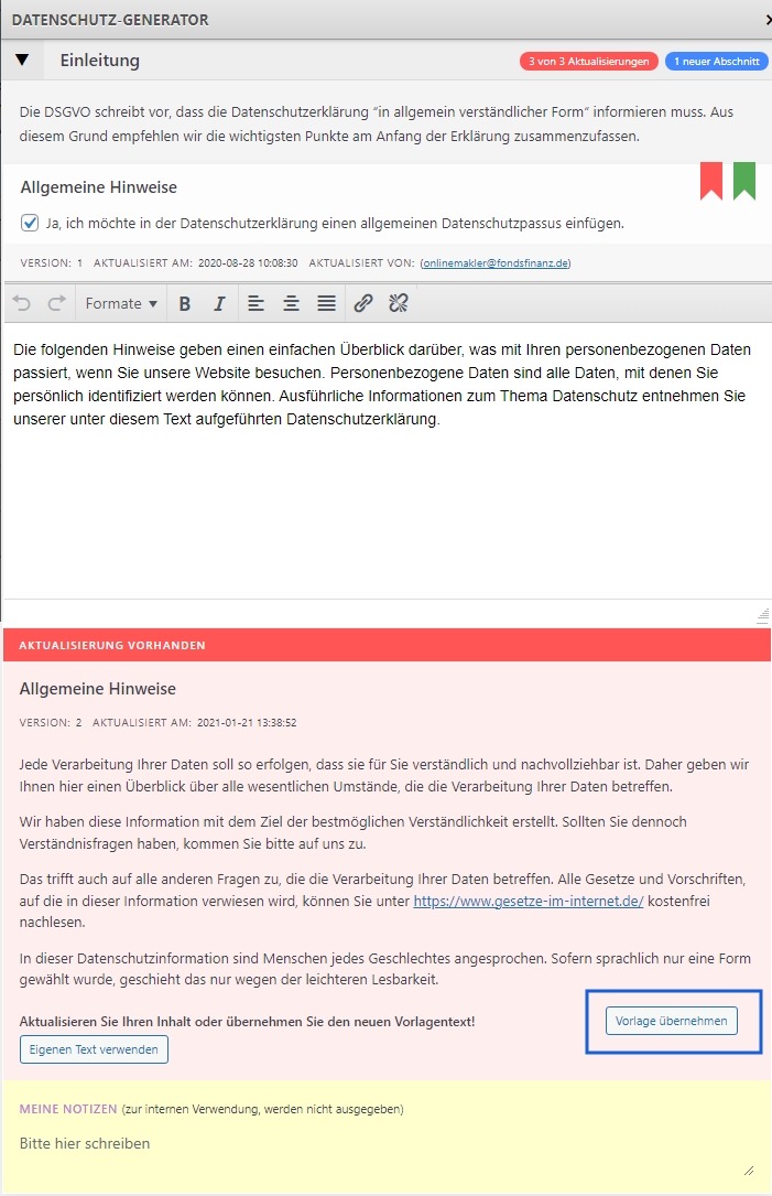 Datenschutzerklärung Aktualisierungen Vorlage nutzen