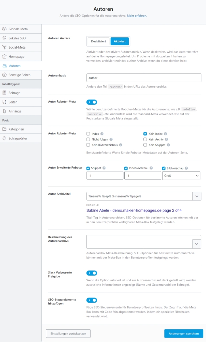 Meta Einstellungen - Autoren Seiten